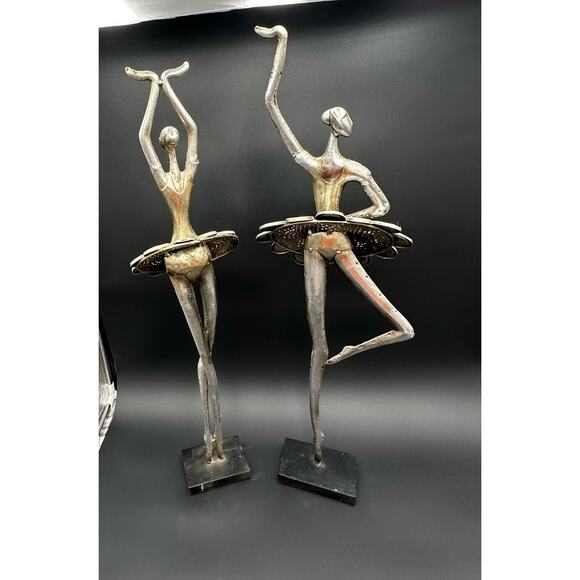 Ballerina Figurine Mirrored Skirt Fifth Position Metal Art Statue Figurine Set/2 - Picture 3 of 7